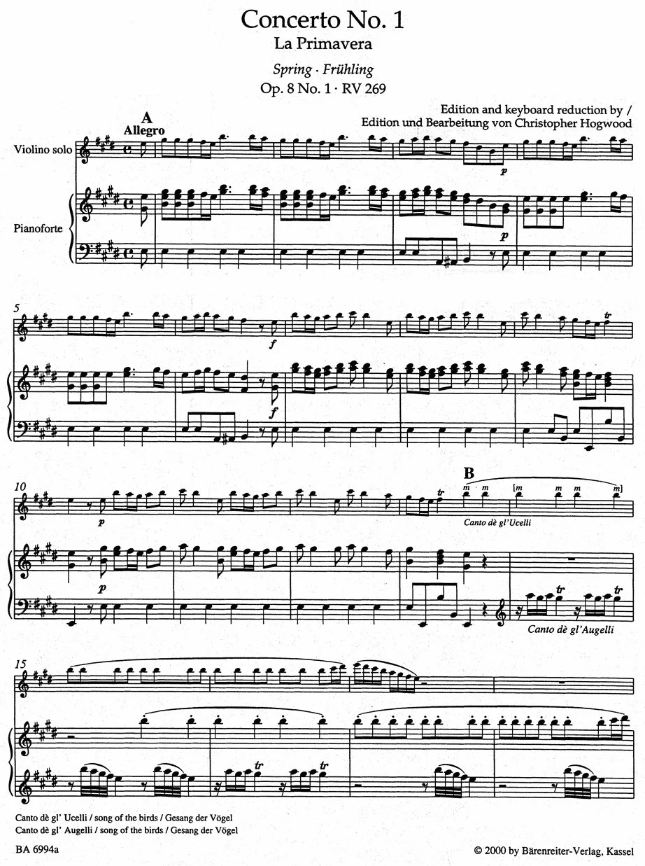 Le Quattro Stagioni. BÄRENREITER URTEXT. Klavierauszug, Stimme, Urtextausgabe